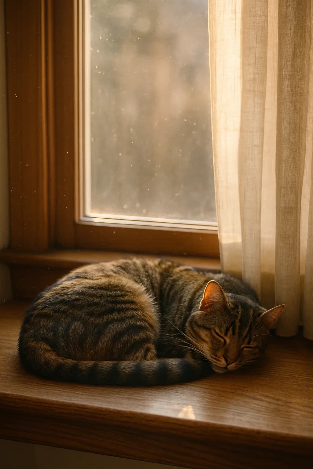 Chat tigré endormi sur un rebord de fenêtre en bois, lumière dorée du matin