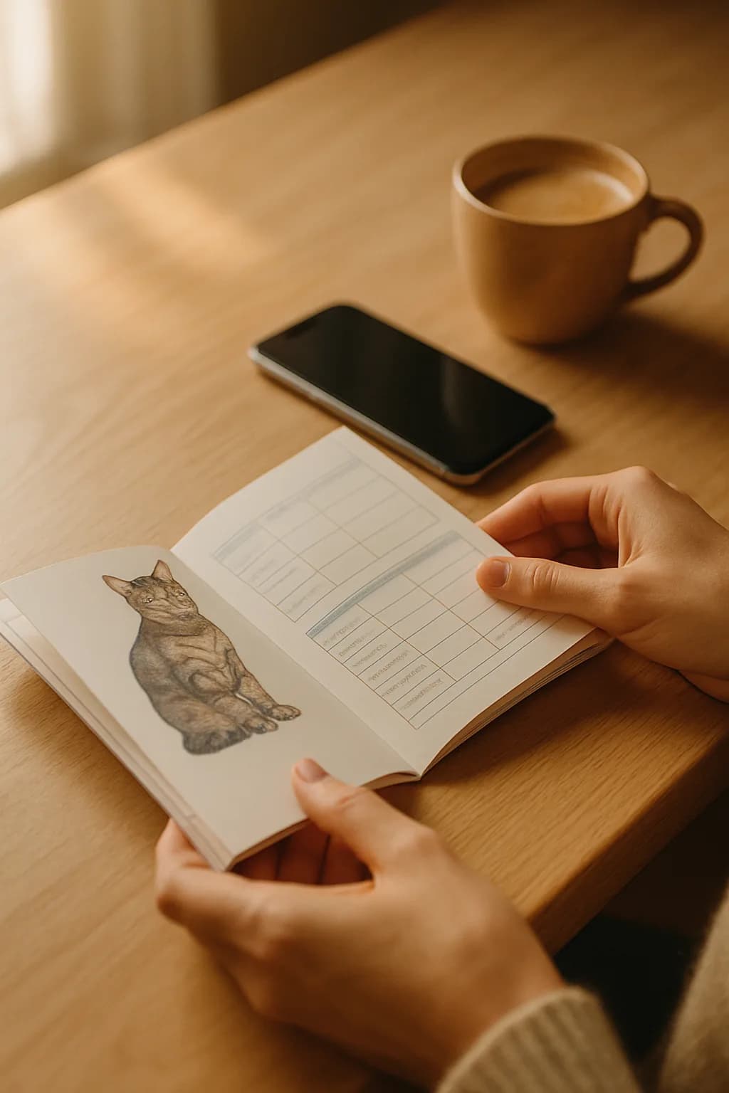 Carnet de santé ouvert et téléphone posés sur une table en bois, mains qui tournent une page