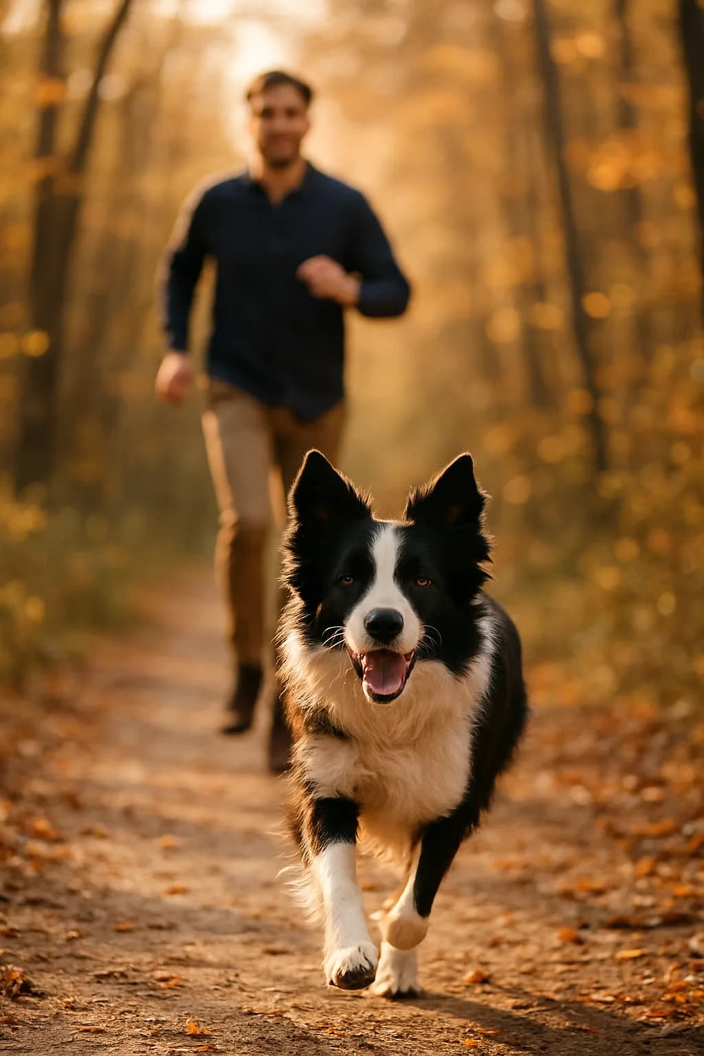 Border collie qui court vers l’objectif sur un sentier forestier à la golden hour, sa maîtresse en arrière-plan