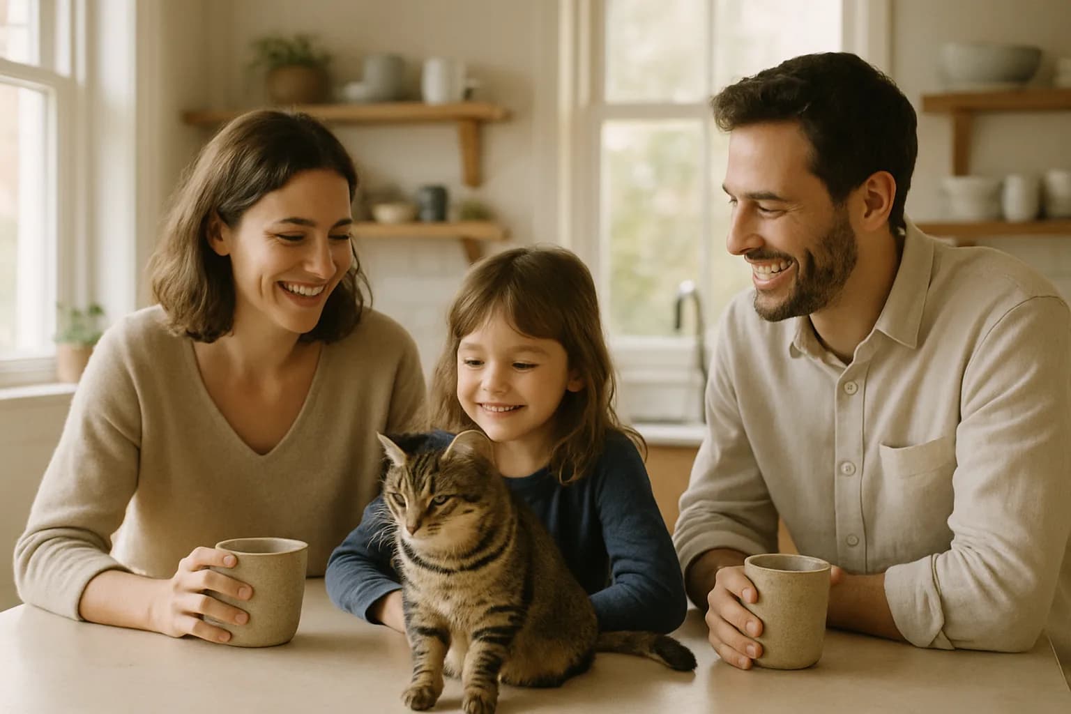 Famille souriante dans une cuisine lumineuse avec leur chat tigré